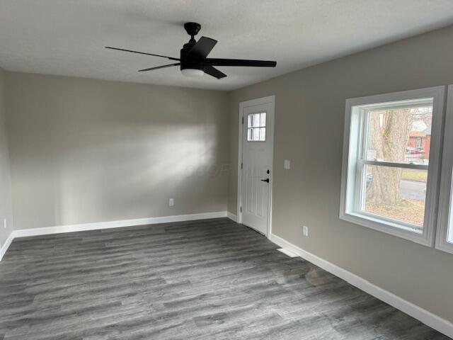 entryway with dark hardwood / wood-style floors, plenty of natural light, and ceiling fan