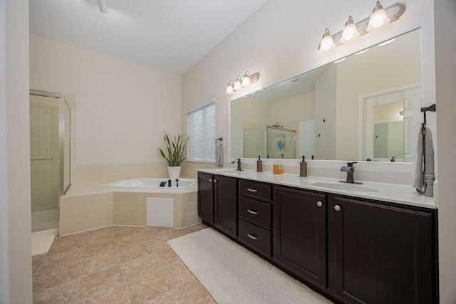 bathroom featuring vanity and plus walk in shower