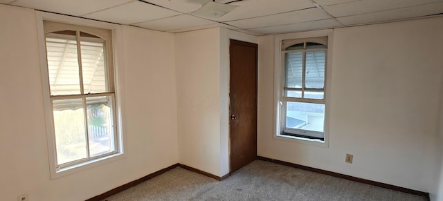 carpeted empty room featuring plenty of natural light and a drop ceiling