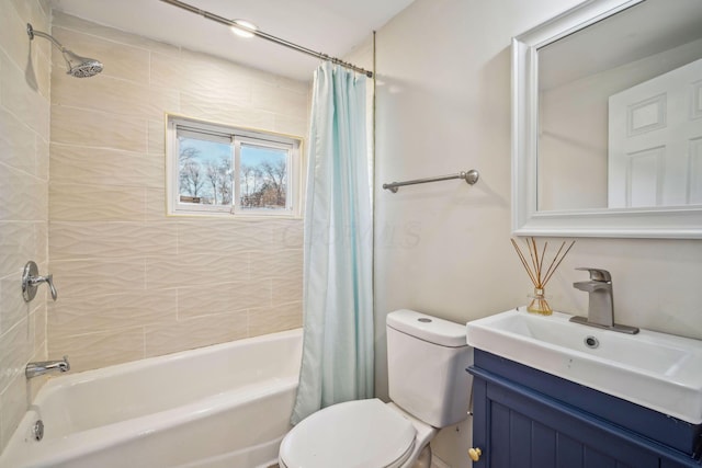 full bathroom featuring toilet, vanity, and shower / tub combo with curtain