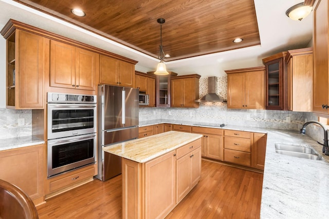 kitchen with sink, wood ceiling, a raised ceiling, stainless steel appliances, and wall chimney range hood