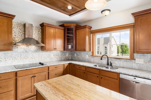 kitchen with tasteful backsplash, dishwasher, sink, wall chimney range hood, and black electric cooktop