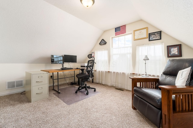 office space featuring vaulted ceiling, carpet flooring, and a textured ceiling