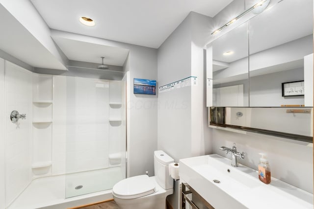 bathroom with walk in shower, vanity, and toilet