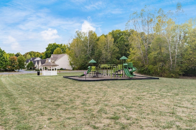 view of playground with a gazebo and a yard