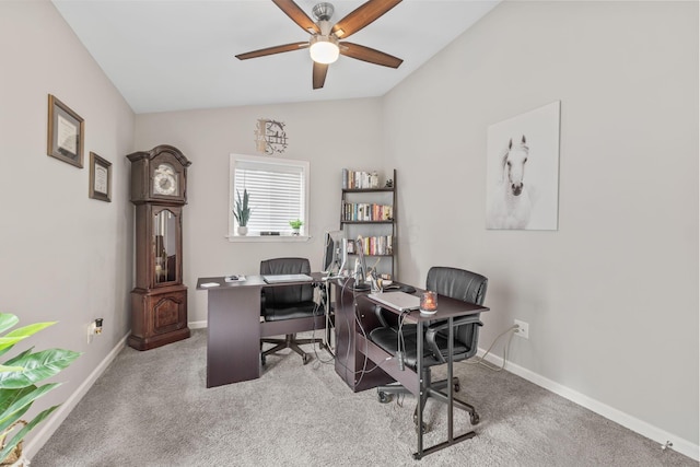 office with light carpet, ceiling fan, and lofted ceiling