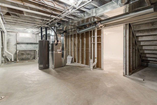 basement with heating unit and water heater