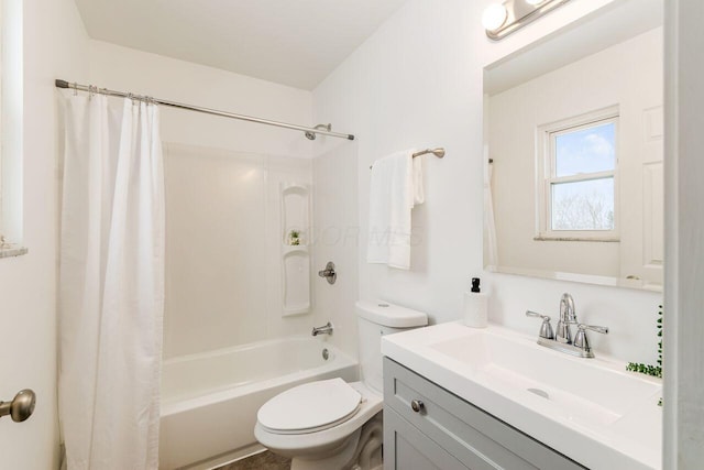 full bathroom with toilet, vanity, and shower / tub combo with curtain