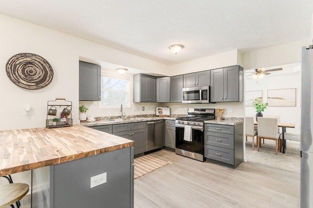 kitchen with sink, gray cabinets, kitchen peninsula, and appliances with stainless steel finishes