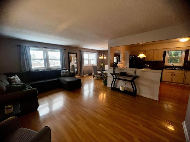 living room featuring an inviting chandelier, a textured ceiling, dark hardwood / wood-style flooring, and sink