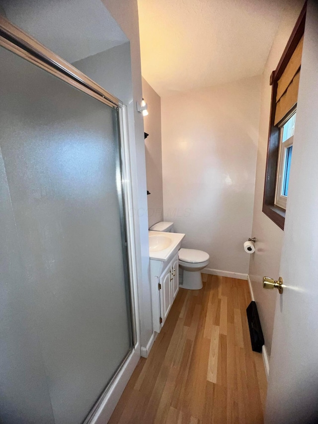 bathroom featuring toilet, wood-type flooring, vanity, and a shower with door