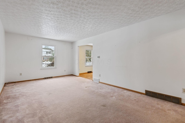 empty room featuring light colored carpet and a textured ceiling