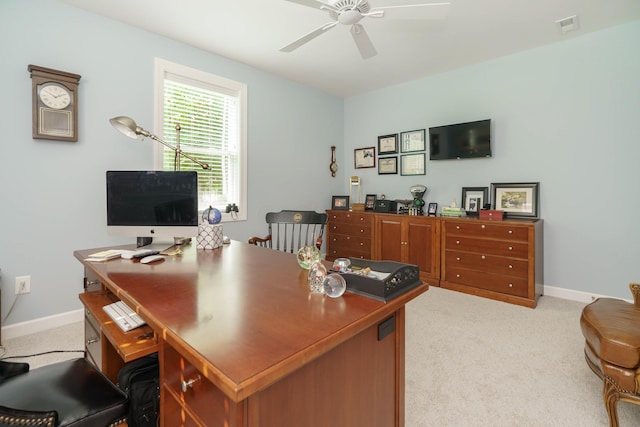 office area with ceiling fan and light colored carpet