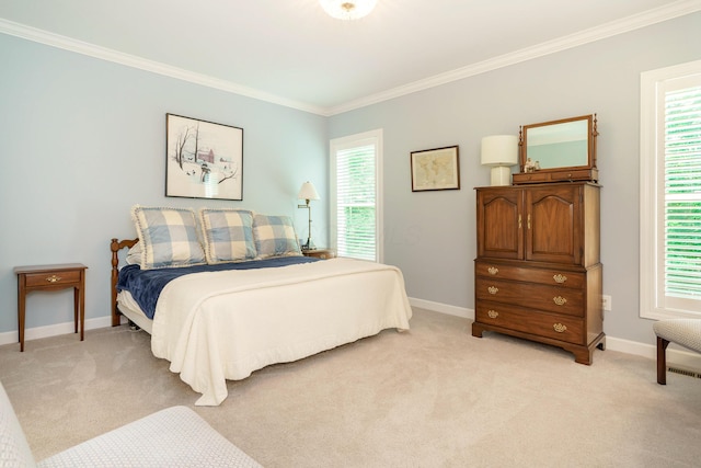 bedroom with crown molding, multiple windows, and light colored carpet