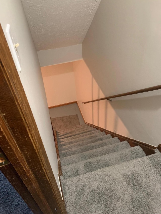 stairway with carpet flooring and a textured ceiling