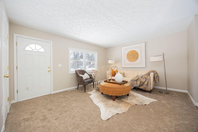 sitting room with a textured ceiling and carpet floors