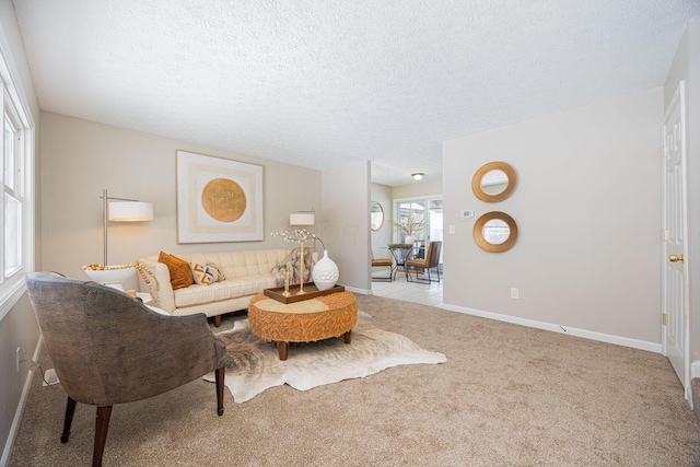 living room featuring a textured ceiling and light carpet