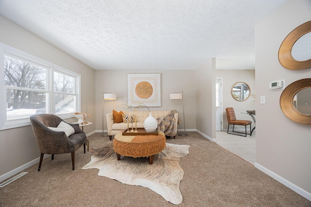 carpeted living room with a textured ceiling