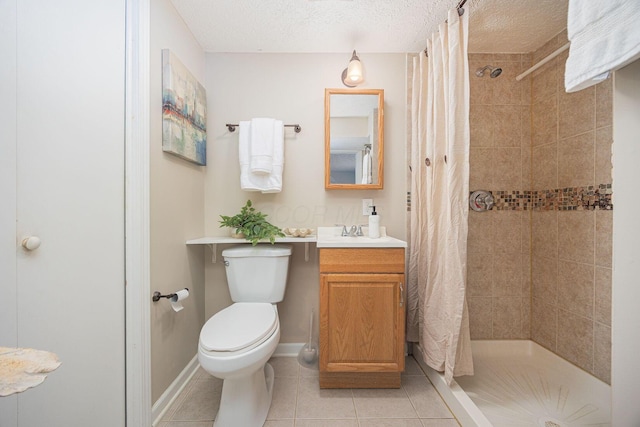 bathroom with a textured ceiling, tile patterned flooring, a shower with curtain, toilet, and vanity