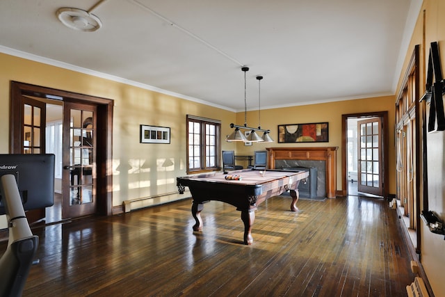 recreation room featuring french doors, pool table, baseboard heating, dark hardwood / wood-style flooring, and a fireplace