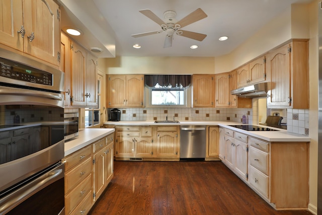 kitchen with sink, tasteful backsplash, light brown cabinets, appliances with stainless steel finishes, and dark hardwood / wood-style floors