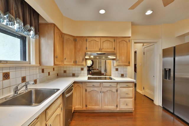 kitchen featuring sink, dark wood-type flooring, ceiling fan, backsplash, and stainless steel appliances