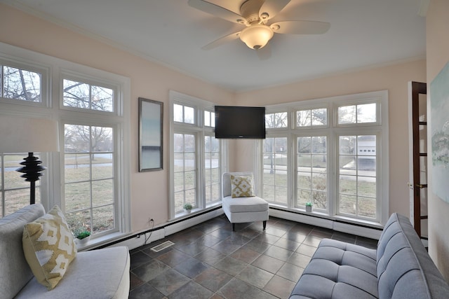 sunroom featuring ceiling fan