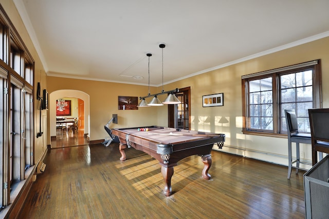 rec room featuring pool table, ornamental molding, and dark hardwood / wood-style flooring