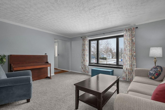 carpeted living room featuring a textured ceiling and crown molding