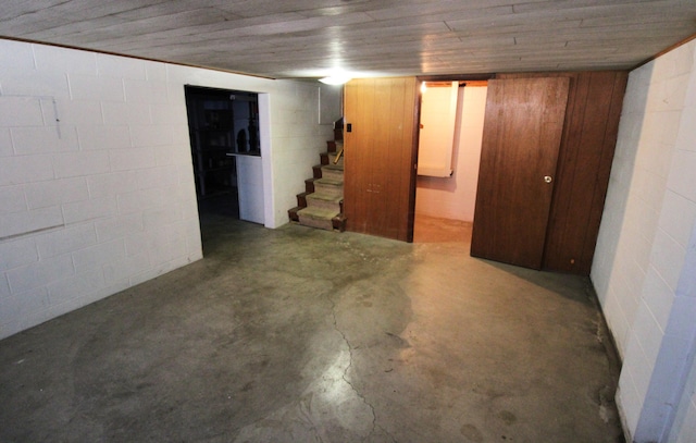 basement with wooden ceiling and wood walls