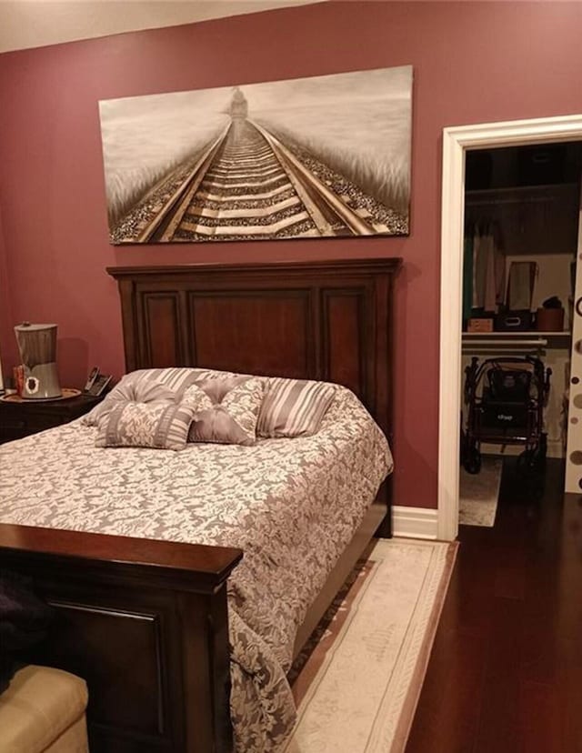 bedroom featuring a closet, baseboards, wood finished floors, and a spacious closet