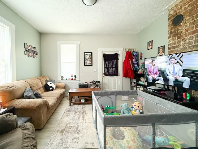 living room with a textured ceiling and light hardwood / wood-style flooring