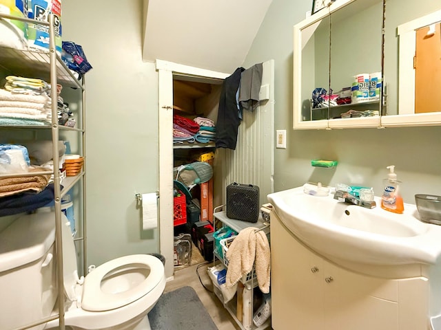 bathroom with vanity, toilet, and vaulted ceiling