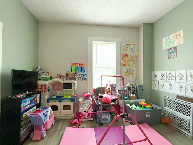 recreation room with wood-type flooring and a textured ceiling