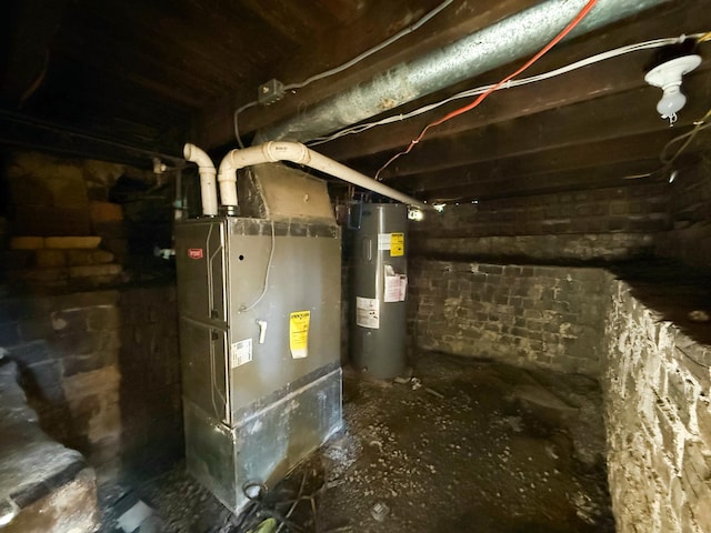 utility room with heating unit and electric water heater