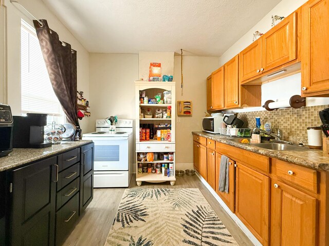 kitchen featuring sink, backsplash, light wood-type flooring, plenty of natural light, and white appliances