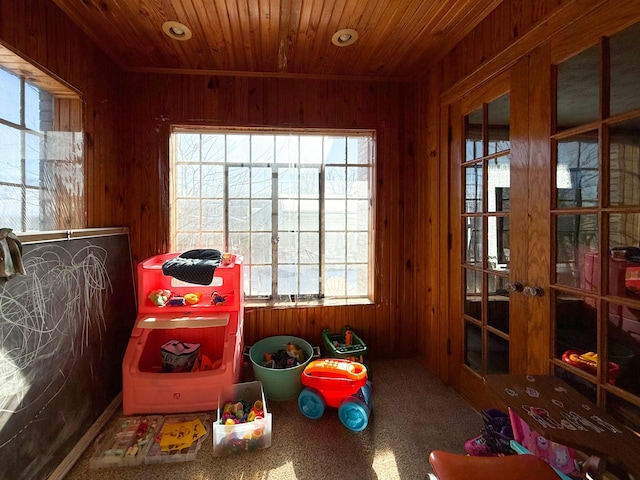 rec room with a healthy amount of sunlight, wooden walls, french doors, and wood ceiling