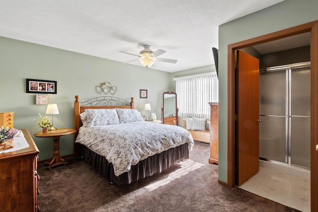 carpeted bedroom featuring ceiling fan, a closet, and a textured ceiling