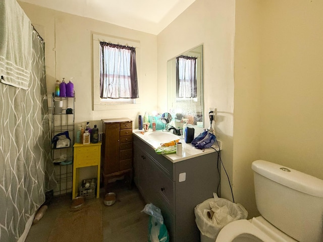 bathroom with vanity, toilet, and a shower with shower curtain