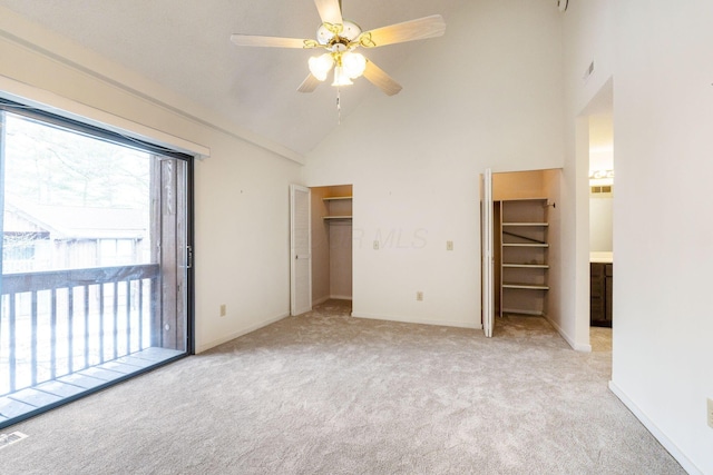 unfurnished bedroom featuring high vaulted ceiling, light carpet, ceiling fan, and access to outside