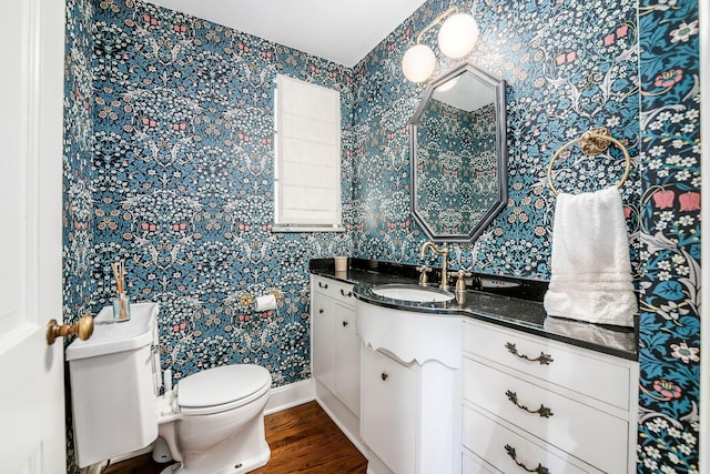 bathroom with vanity, toilet, and hardwood / wood-style floors