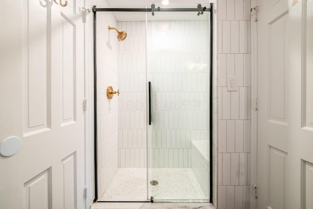 bathroom featuring a shower with door