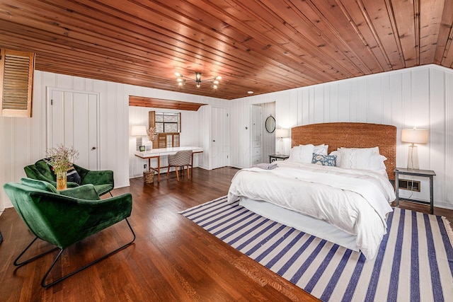 bedroom featuring wood ceiling and dark wood-type flooring