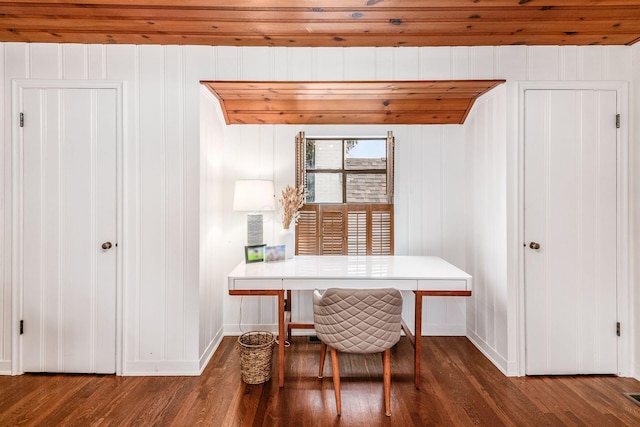 home office with breakfast area, dark wood-type flooring, and wooden ceiling