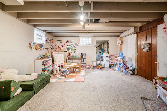 basement with carpet flooring