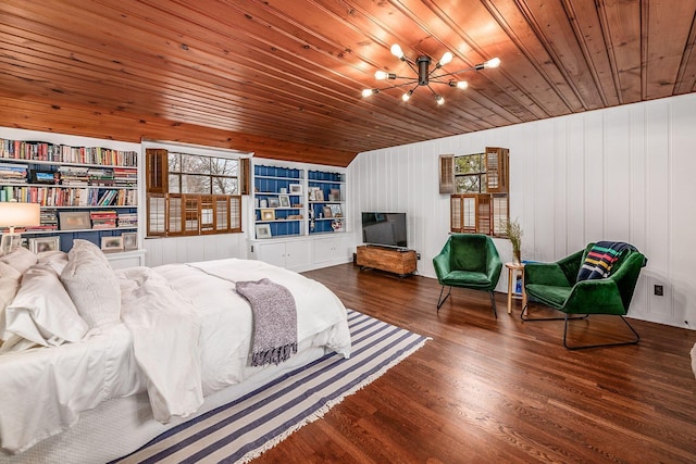 bedroom with dark hardwood / wood-style flooring, wooden ceiling, and a chandelier