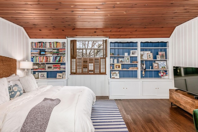 bedroom featuring dark wood-type flooring, lofted ceiling, and wooden ceiling