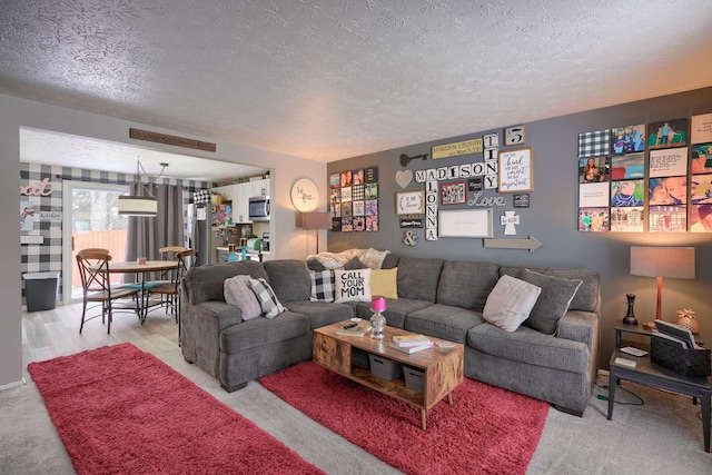 living area with a textured ceiling