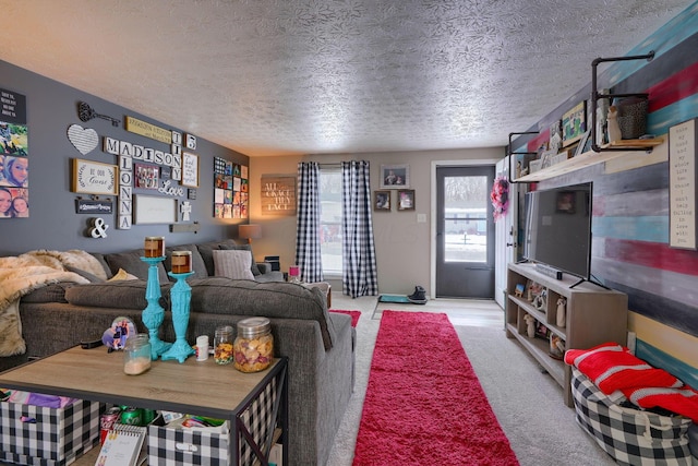 living room with light colored carpet and a textured ceiling