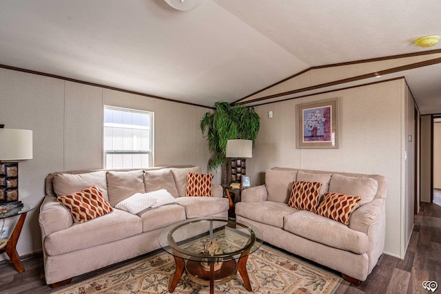 living room with lofted ceiling and dark hardwood / wood-style floors